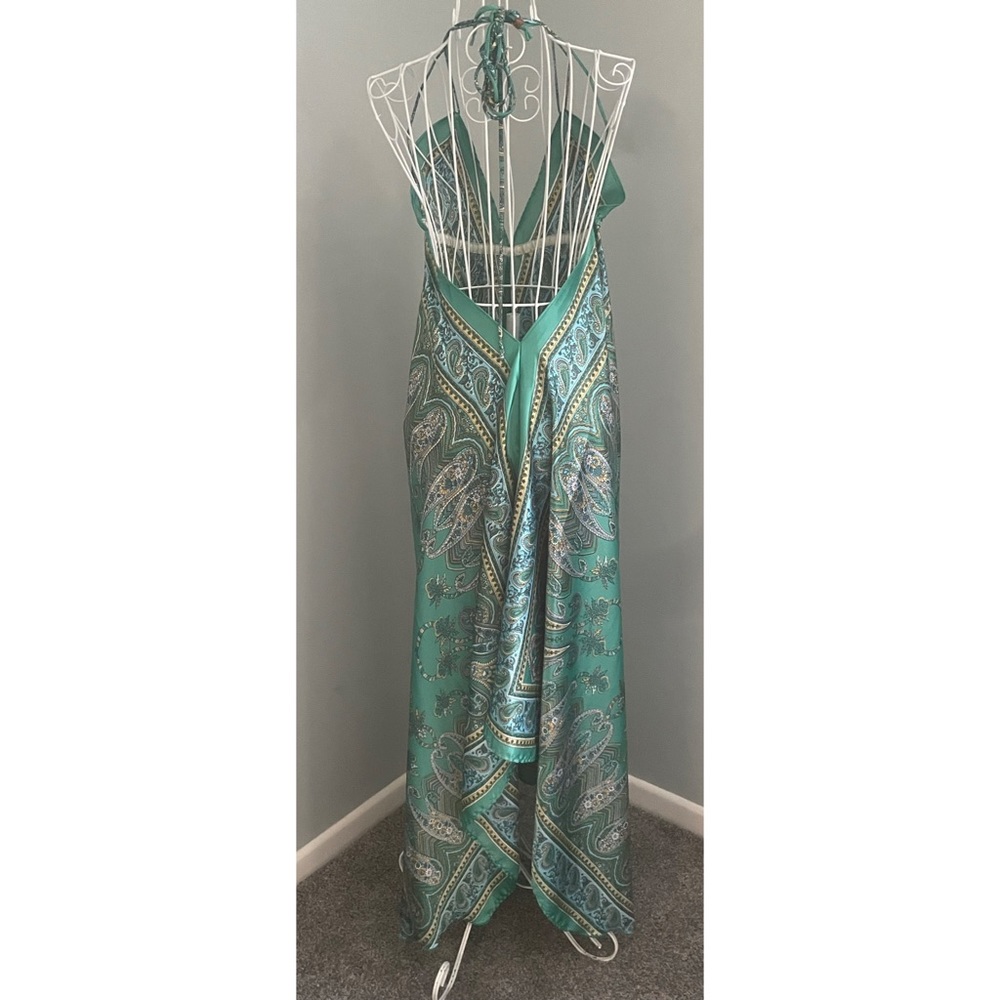 Boutique Teal Green Paisley Satin Halter Maxi Dress Deep V Backless⁠